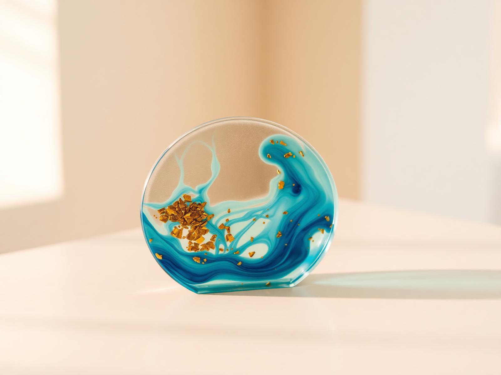 Translucent blue and gold resin sculpture